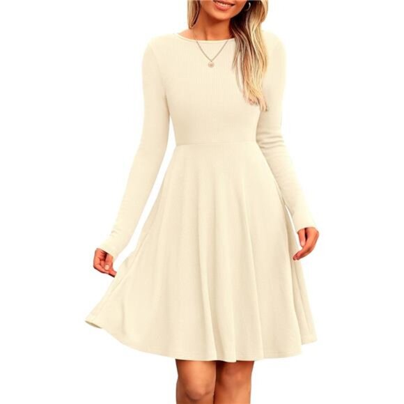 Women's Fall Short Dress – Ribbed Knit, Crewneck, Long Sleeve - Picture 1 of 7